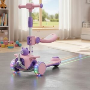 AMBERZ (KS-213) 3-in-1 Kids Kick Scooter | Height Adjustable | Music & PU LED Flashing Wheels | Foldable & Lightweight - Pink